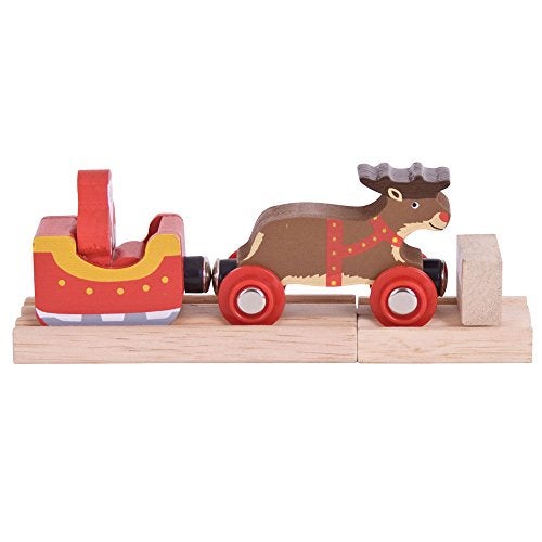 Bigjigs Rail قطار بيججيج ريل زلاجة سانتا مع غزلان - قطار بيججيج لمجموعات قطار عيد الميلاد، ملحقات مسار قطار خشبي عالية الجودة، ملحقات قطار بيججيج - Image 1