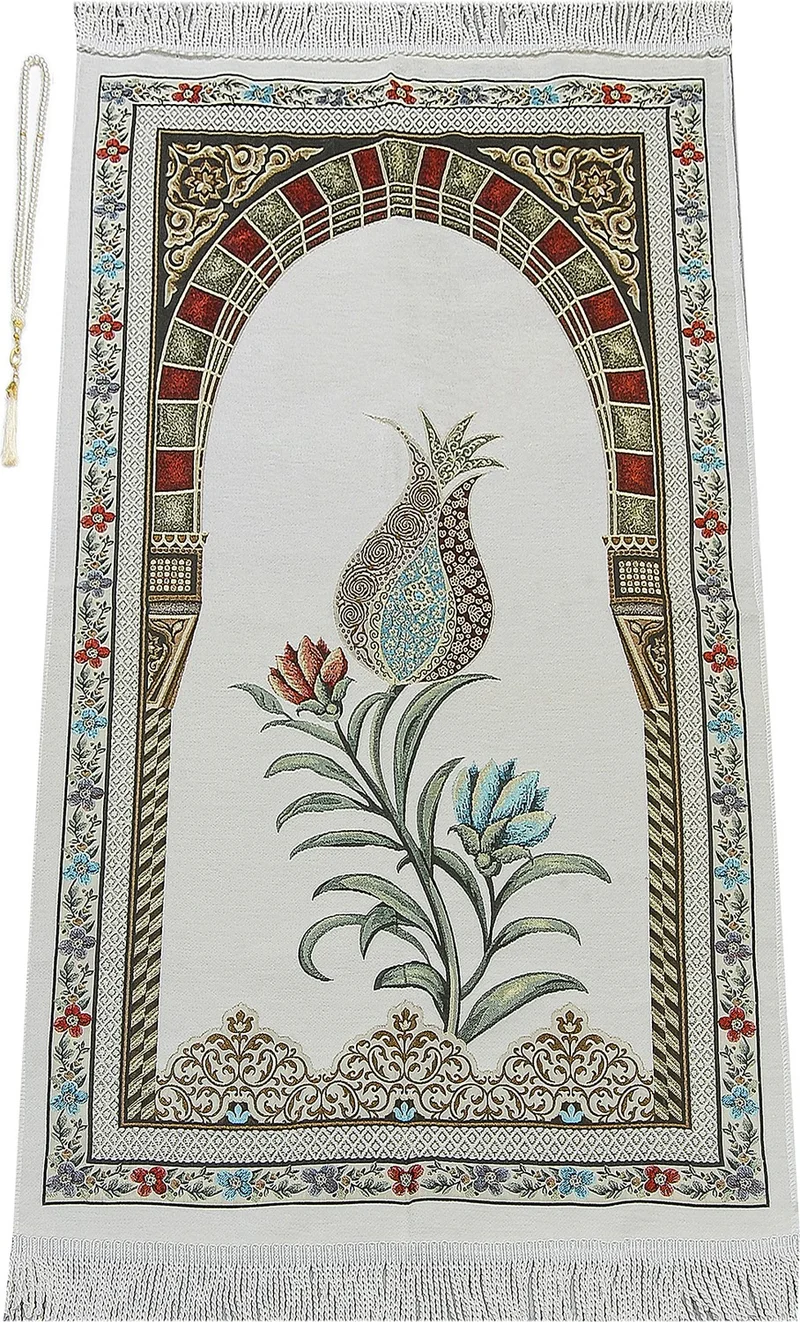 ايهفان اونلاين Ottoman Belt Mihrab Tulip Motif Chenille Prayer Rug White