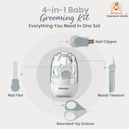 Infantso (4-in-1) Baby Grooming Kit for Newborns & Toddlers (0–3 Years) | Nail Grooming Kit for Baby - Manicure Set with Kids Nail Clipper, Scissor, Filer & Nasal Tweezer | Baby-Safe Rounded Edges | Compact Travel Case - Image 4