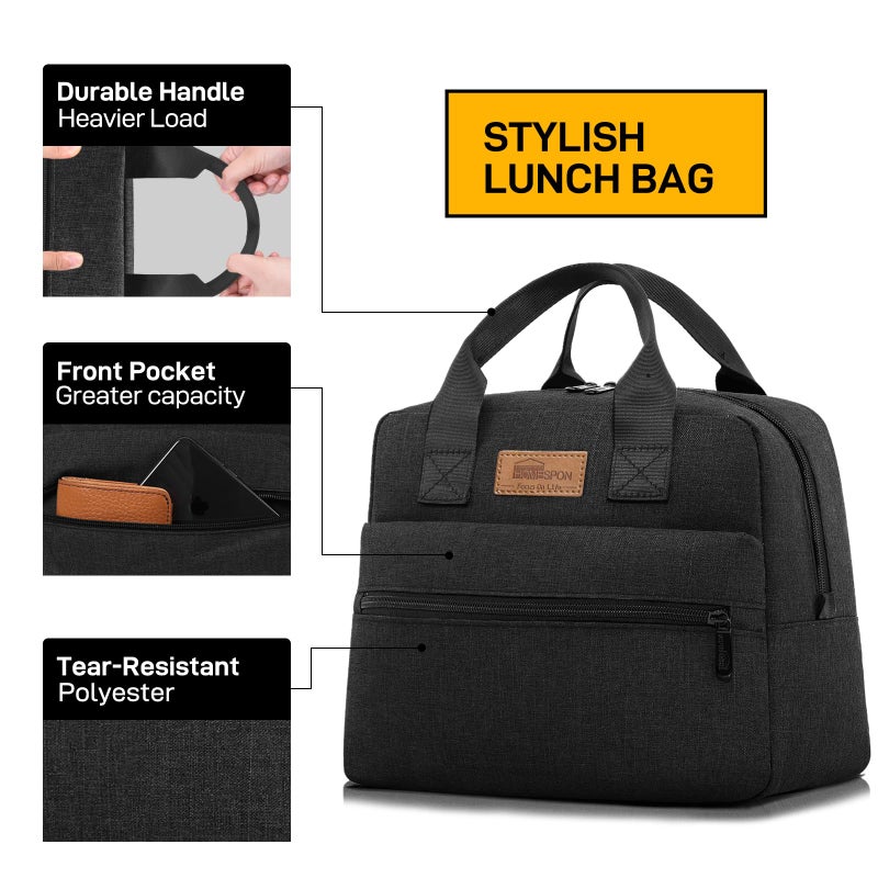 HOMESPON Insulated Lunch Bag for Women Men Lunch Box Cooler Lunch Tote for Work Picnic (Black) - Image 2