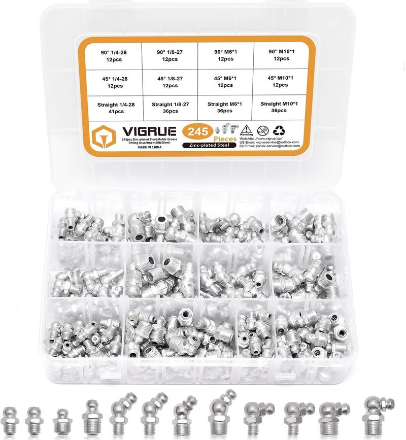 VIGRUE Grease Fittings, 245 Pieces SAE & Metric Grease Fitting Assortment Kit - Image 1