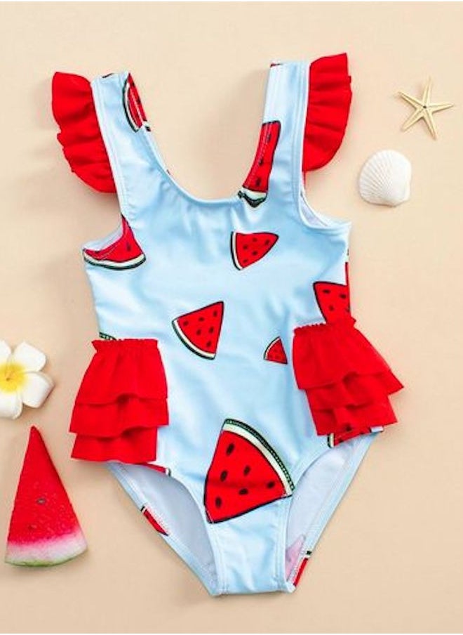 Shein Baby Girl Watermelon Print Ruffle Trim One Piece Swimsuit - size 90  - Image 1