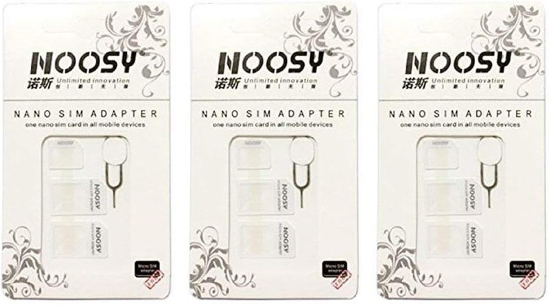 SIM Card Adapter KIT 3-Pack by Noosy (9 Total Adapters: Nano to Micro, Nano to Regular, Micro to Regular) with SIM Extractor/Pin Ejector (White)