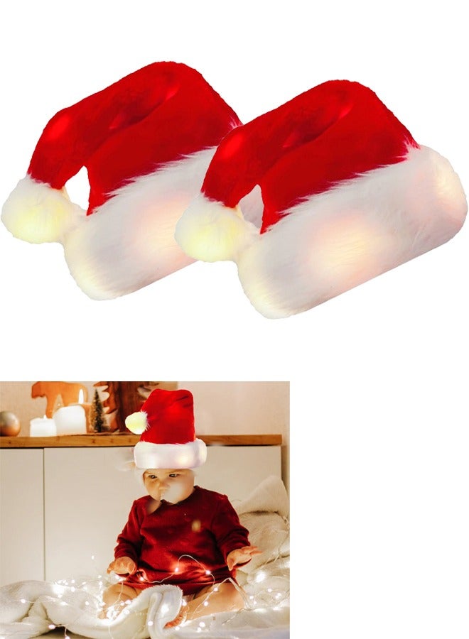 Santa Hats Christmas Hats for Adults Kids 2PCS Soft Thicken Classic Santa Hat LED Light for Xmas New Year Party - Image 1