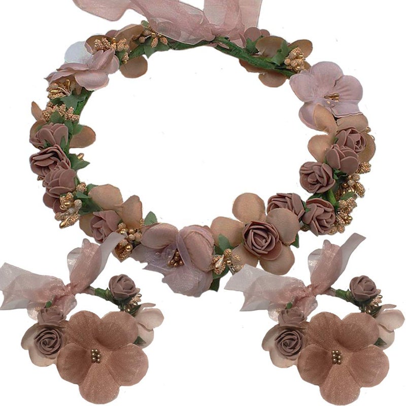 WLBON 3 Pcs Flower Headband Wristbands Rose Floral Leaf Hair Hoops Bands Headpiece Hairband Bracelets Women Xmas Wedding Halloween Parade Hawaiian Cosplay Dress Up Birthday Party Accessories Coffee