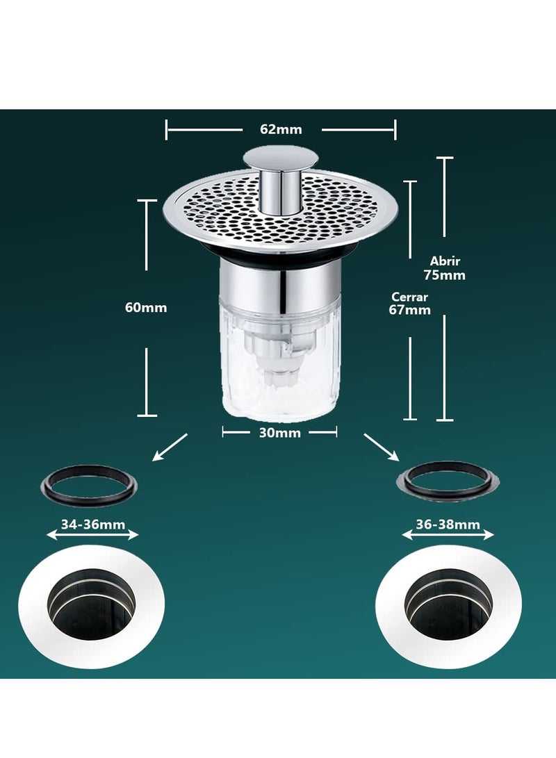 Stainless Steel Sink Stopper with Strainer, Anti-Odour Pop Up Plug for 30-40mm Basins, Includes 2 Rubber Washers - Image 5