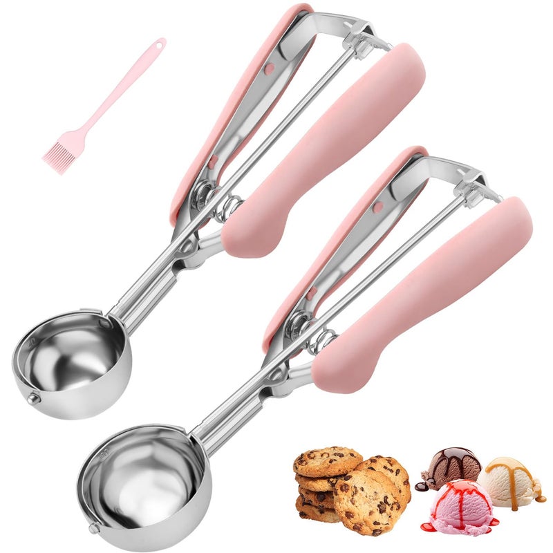 JETONN Cookie Scoops for Baking Set of 2, Pink Handle 18/8 Stainless Steel Ice Cream Scoop Set with Ergonomic Soft Grip, Spring Trigger Release Cookie Dough Scooper for Cupcakes, Muffins, Meatballs, Melon - Image 1