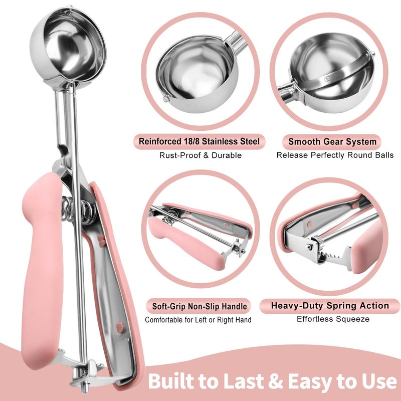 JETONN Cookie Scoops for Baking Set of 2, Pink Handle 18/8 Stainless Steel Ice Cream Scoop Set with Ergonomic Soft Grip, Spring Trigger Release Cookie Dough Scooper for Cupcakes, Muffins, Meatballs, Melon - Image 2