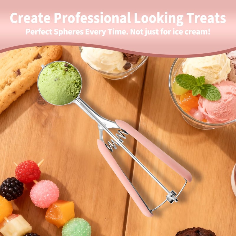 JETONN Cookie Scoops for Baking Set of 2, Pink Handle 18/8 Stainless Steel Ice Cream Scoop Set with Ergonomic Soft Grip, Spring Trigger Release Cookie Dough Scooper for Cupcakes, Muffins, Meatballs, Melon - Image 3