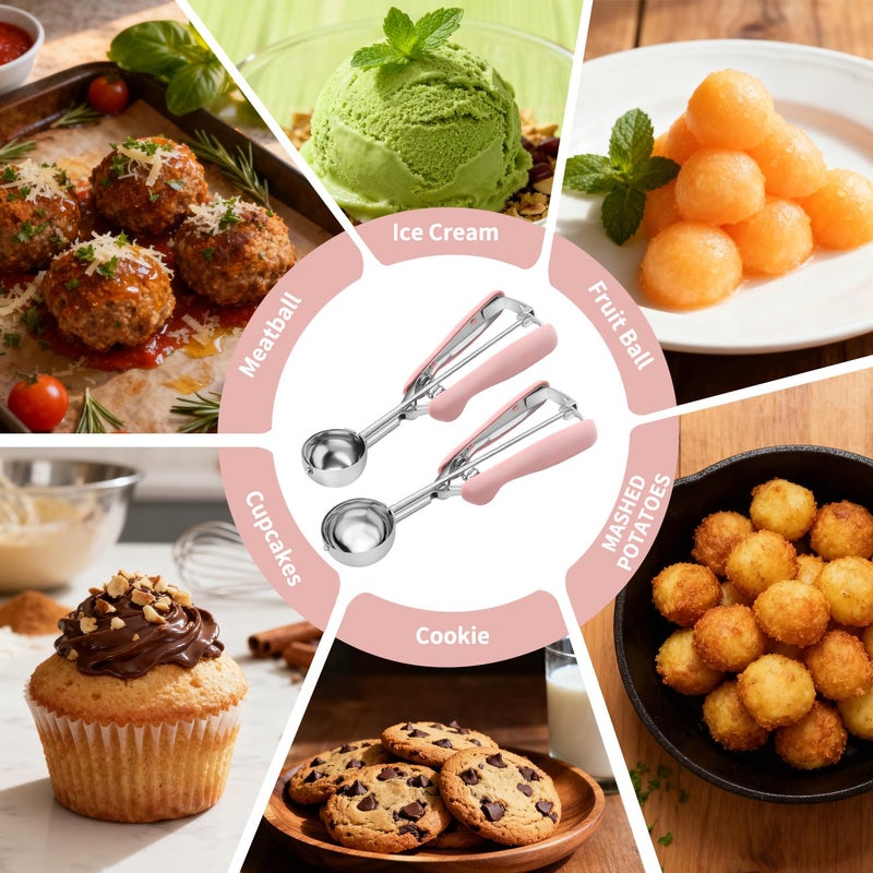 JETONN Cookie Scoops for Baking Set of 2, Pink Handle 18/8 Stainless Steel Ice Cream Scoop Set with Ergonomic Soft Grip, Spring Trigger Release Cookie Dough Scooper for Cupcakes, Muffins, Meatballs, Melon - Image 5