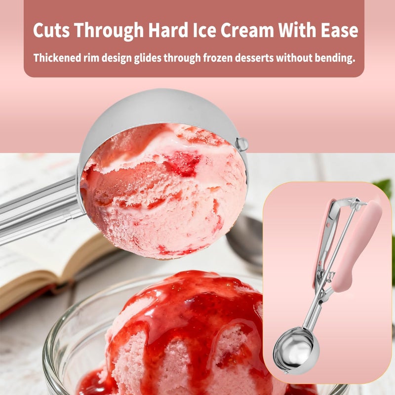 JETONN Cookie Scoops for Baking Set of 2, Pink Handle 18/8 Stainless Steel Ice Cream Scoop Set with Ergonomic Soft Grip, Spring Trigger Release Cookie Dough Scooper for Cupcakes, Muffins, Meatballs, Melon - Image 4