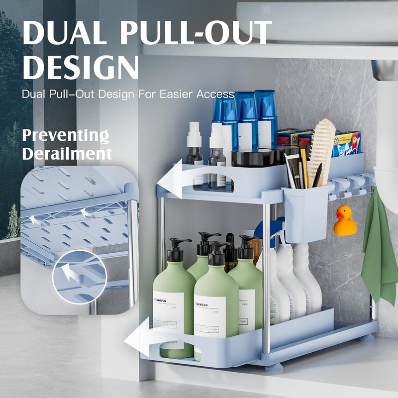 VERIFOST Under Sink Organizer (2 Pack), 2 Tier Under Sink Organizer, Adjustable Height Cabinet Organizer and Storage, in Blue - Image 3