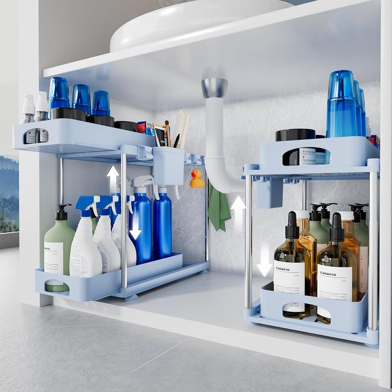 VERIFOST Under Sink Organizer (2 Pack), 2 Tier Under Sink Organizer, Adjustable Height Cabinet Organizer and Storage, in Blue - Image 1