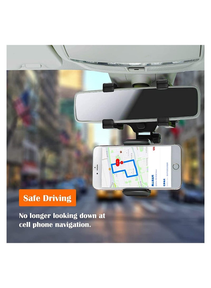 Car Rearview Mirror Phone Holder Mount Bracket Stand with 360 Degree Swivel and Adjustable Clips Universal Smartphone Cradle Black - Image 2