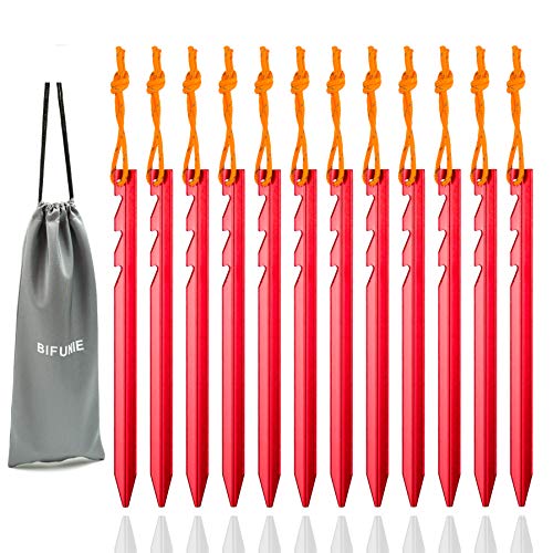 BIFUNIE Aluminum Alloy Tent Stakes Pegs, 12-Pack Aluminum Ground Pegs with Reflective Pull Ropes, Lightweight Metal Stakes Pegs for Camping Tents Hammocks (Red) - Image 1