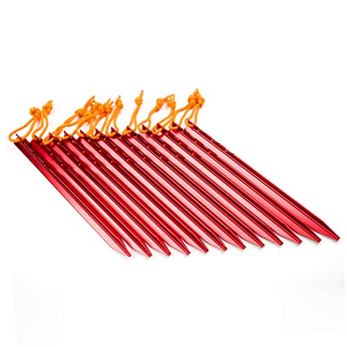 BIFUNIE Aluminum Alloy Tent Stakes Pegs, 12-Pack Aluminum Ground Pegs with Reflective Pull Ropes, Lightweight Metal Stakes Pegs for Camping Tents Hammocks (Red) - Image 3