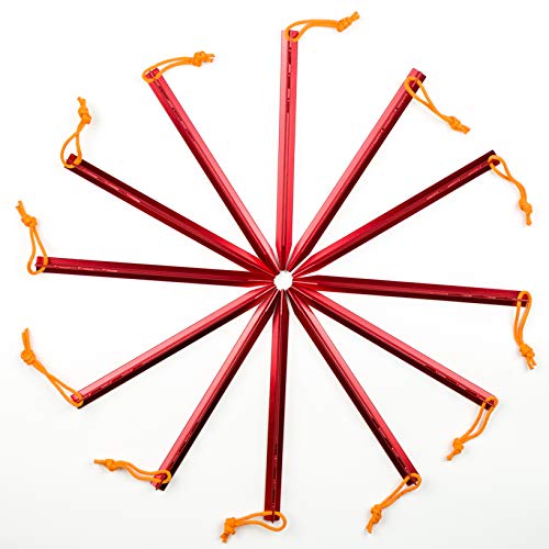 BIFUNIE Aluminum Alloy Tent Stakes Pegs, 12-Pack Aluminum Ground Pegs with Reflective Pull Ropes, Lightweight Metal Stakes Pegs for Camping Tents Hammocks (Red) - Image 2