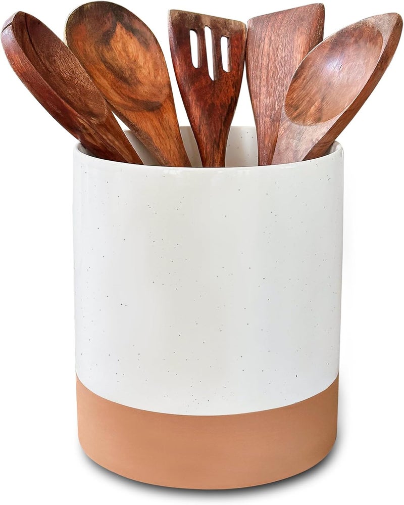 Mora Ceramic Kitchen Utensil Holder - Wooden Spoon & Spatula Crock for Countertop, Modern Farmhouse Home Decor, Extra Large 7.3" Cooking Organizer for Stove Top and Counter - Heavy & Sturdy - Vanilla - Image 1