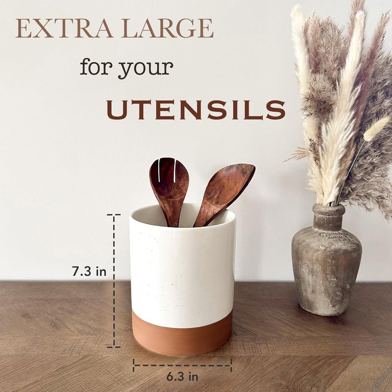 Mora Ceramic Kitchen Utensil Holder - Wooden Spoon & Spatula Crock for Countertop, Modern Farmhouse Home Decor, Extra Large 7.3" Cooking Organizer for Stove Top and Counter - Heavy & Sturdy - Vanilla - Image 2
