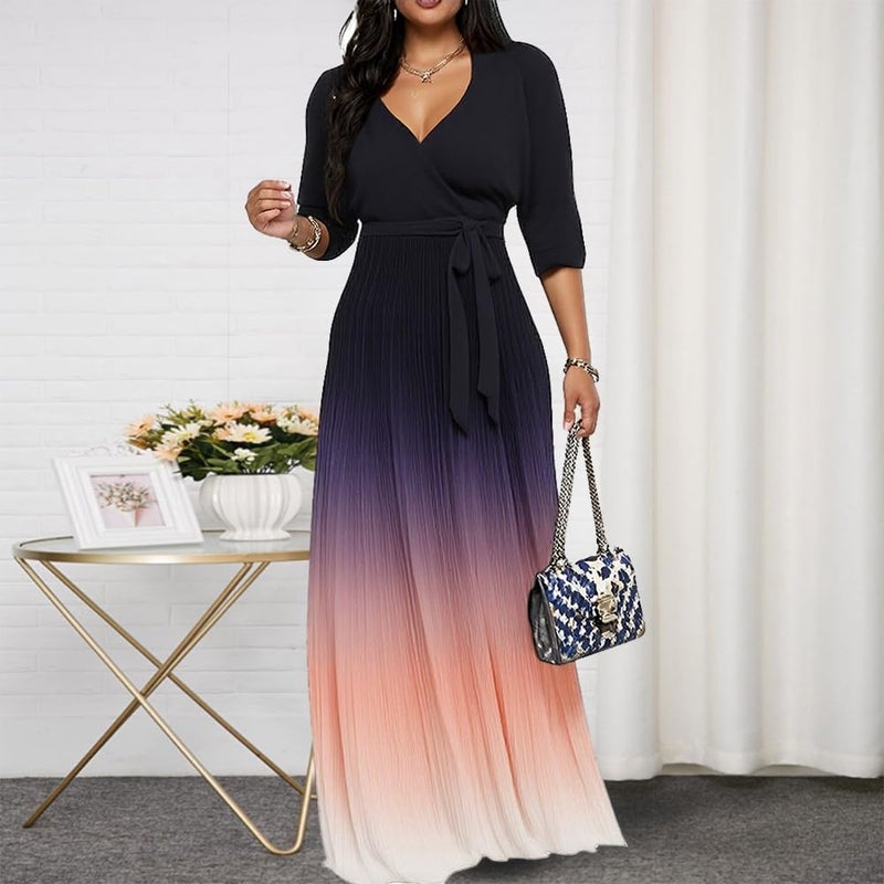 CaniBtr Maxi Dresses for Women Casual 3/4 Sleeve Printed Wrap V Neck Plus Size Elegant Semi Formal Long Church Dress with Belt XL - Image 2