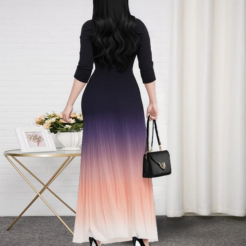 CaniBtr Maxi Dresses for Women Casual 3/4 Sleeve Printed Wrap V Neck Plus Size Elegant Semi Formal Long Church Dress with Belt XL - Image 3
