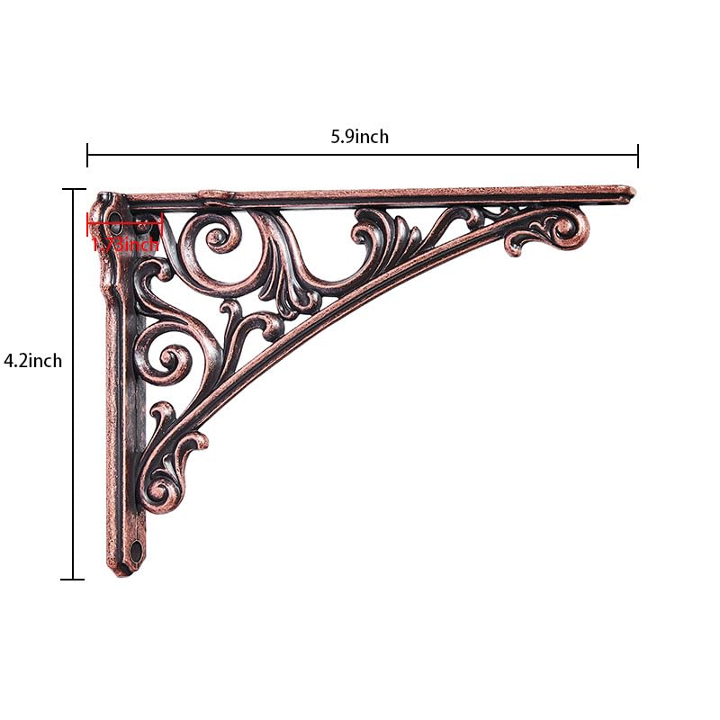 Khtumeware Shelf Bracket 6 Inch Decorative Brackets for Shelving Heavy Duty Vintage Ornate Shelf Bracket Hardware Included 4 Pack Antique Copper Finish 59x42x173 inch - Image 3