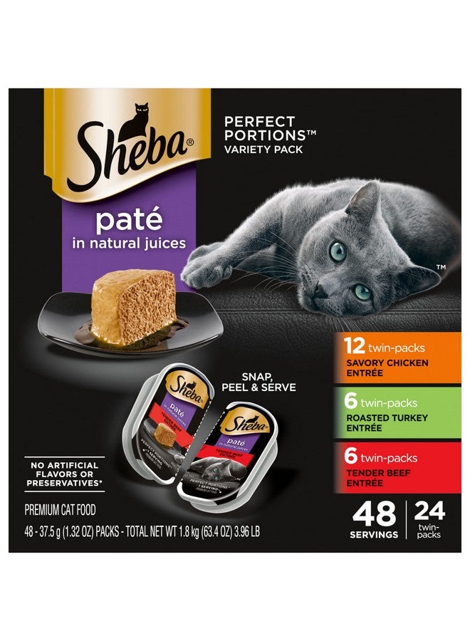 شيبا أطباق طعام القطط الرطبة Perfect Portions Paté (24 قطعة، 48 وجبة)، دجاج لذيذ، ديك رومي مشوي، وطبق رئيسي من لحم البقر الطري، صينية سهلة التقشير في عبوتين - Image 1