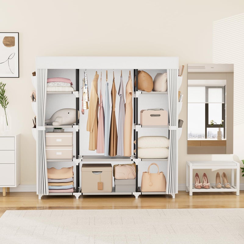 VTRIN Portable Closet Wardrobe for Hanging Clothes 57.3 Inch Large Capacity Clothes Rack with Cover, 10 Storage Organizer Shelves, 1 Hanging Rods and 6 Pockets, Free Standing Closet, White - Image 2
