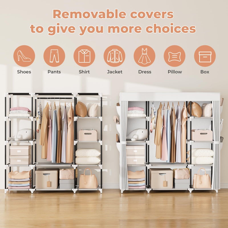 VTRIN Portable Closet Wardrobe for Hanging Clothes 57.3 Inch Large Capacity Clothes Rack with Cover, 10 Storage Organizer Shelves, 1 Hanging Rods and 6 Pockets, Free Standing Closet, White - Image 5