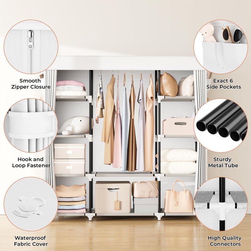 VTRIN Portable Closet Wardrobe for Hanging Clothes 57.3 Inch Large Capacity Clothes Rack with Cover, 10 Storage Organizer Shelves, 1 Hanging Rods and 6 Pockets, Free Standing Closet, White - Image 4