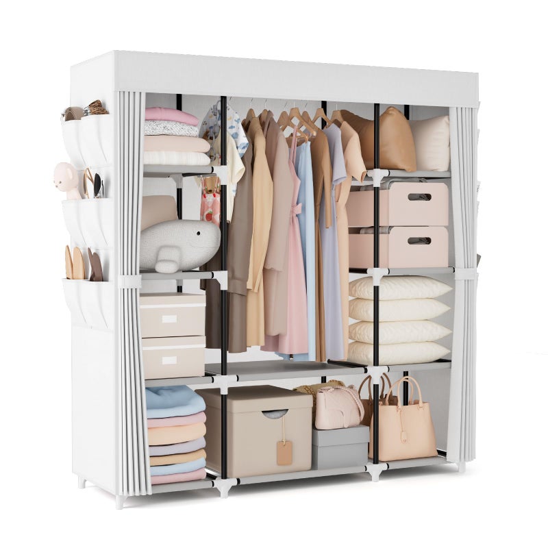 VTRIN Portable Closet Wardrobe for Hanging Clothes 57.3 Inch Large Capacity Clothes Rack with Cover, 10 Storage Organizer Shelves, 1 Hanging Rods and 6 Pockets, Free Standing Closet, White - Image 1