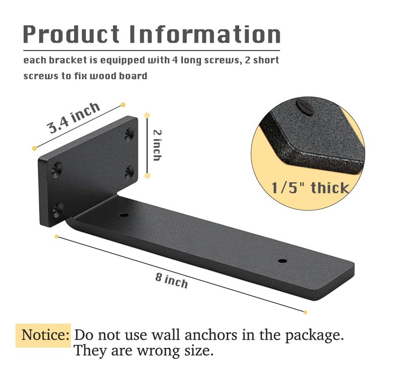 WINKER 6 Pack Shelf Brackets 8 Inch Floating Shelf Bracket 15 inch Thick Heavy Duty Hidden Shelf Brackets Iron Metal Brackets for Shelf Support with Screw Included - Image 2