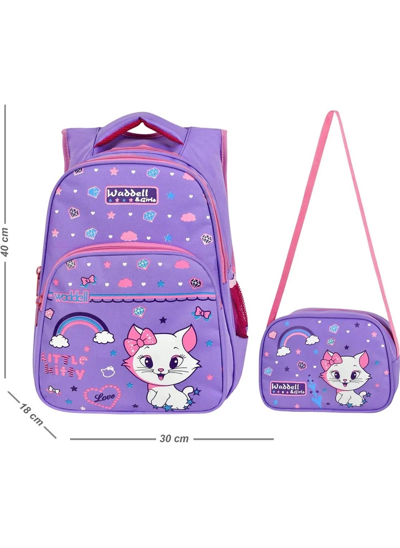 Waddell Licensed Lilac Cat Pattern Primary School Backpack and Lunchbox