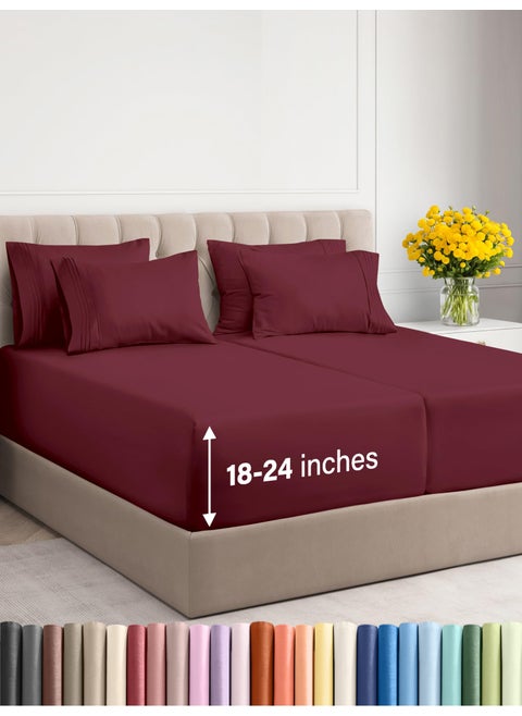 Extra Deep Split King Sheet Set - 7 Piece Breathable and Cooling Sheets - Hotel Luxury Bed Sheets Set - Easy Fit - Soft  Wrinkle Free and Comfy Sheets Set - Burgundy Sheet Set with Extra Deep Pockets