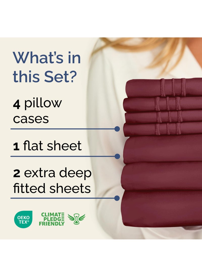 Extra Deep Split King Sheet Set - 7 Piece Breathable and Cooling Sheets - Hotel Luxury Bed Sheets Set - Easy Fit - Soft  Wrinkle Free and Comfy Sheets Set - Burgundy Sheet Set with Extra Deep Pockets