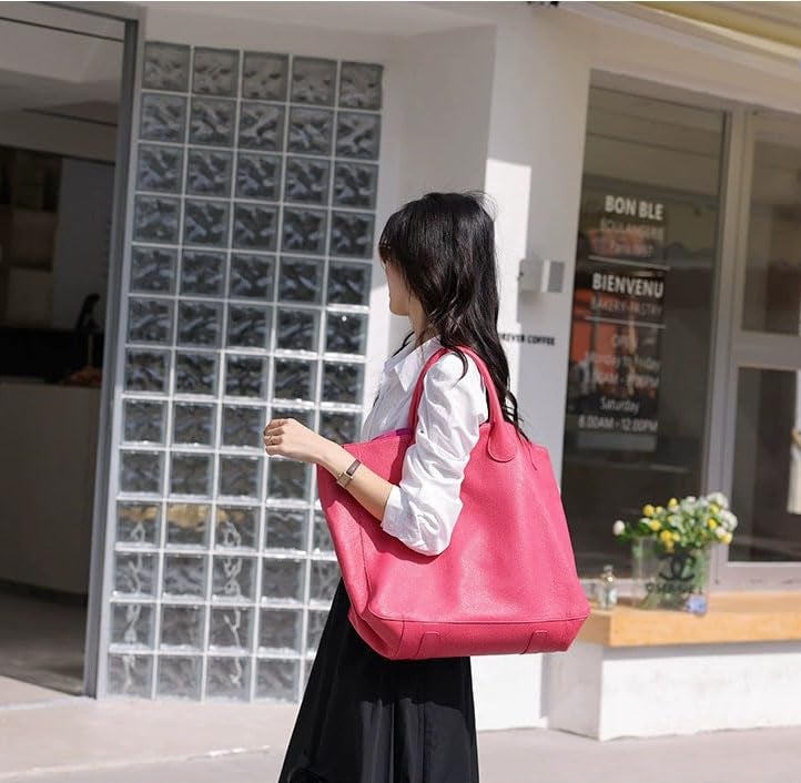 Rhymad Large Pink Leather Tote Bag, Cowhide Spacious Women's Handbag with Interior Pockets, Shopper Bag Work and Travel Purse (Pink) - Image 3