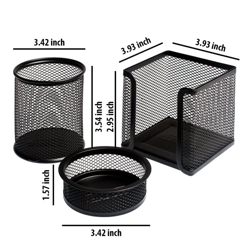 Kraf Metal Mesh Pen Holder Desk Organizers, Trio Set, Pencil Holder, Paper Clip Holder, Memo Pad Holder (Black) (470G) - Image 2