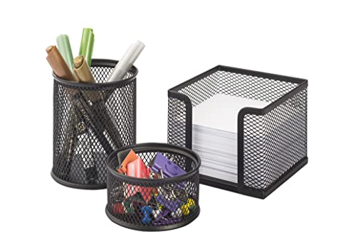 Kraf Metal Mesh Pen Holder Desk Organizers, Trio Set, Pencil Holder, Paper Clip Holder, Memo Pad Holder (Black) (470G) - Image 1