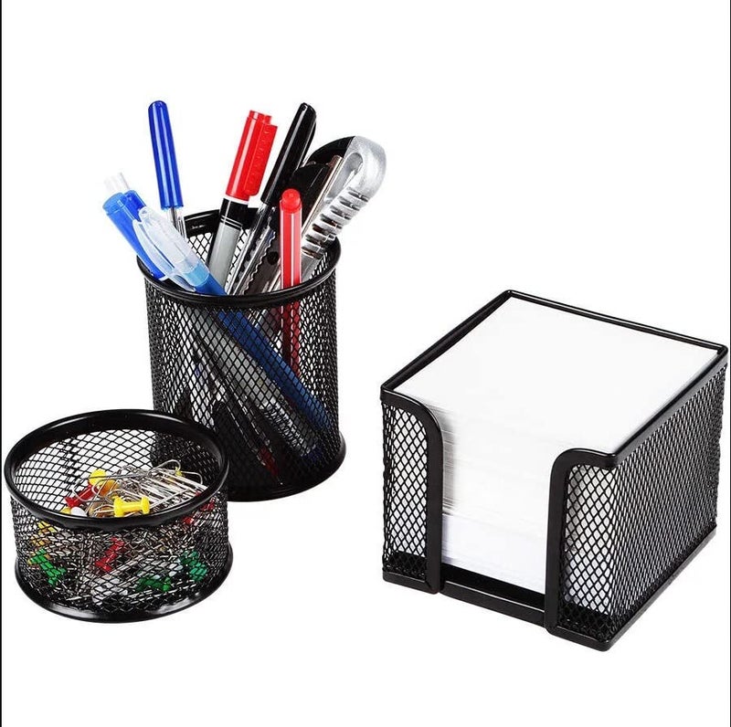Kraf Metal Mesh Pen Holder Desk Organizers, Trio Set, Pencil Holder, Paper Clip Holder, Memo Pad Holder (Black) (470G) - Image 4