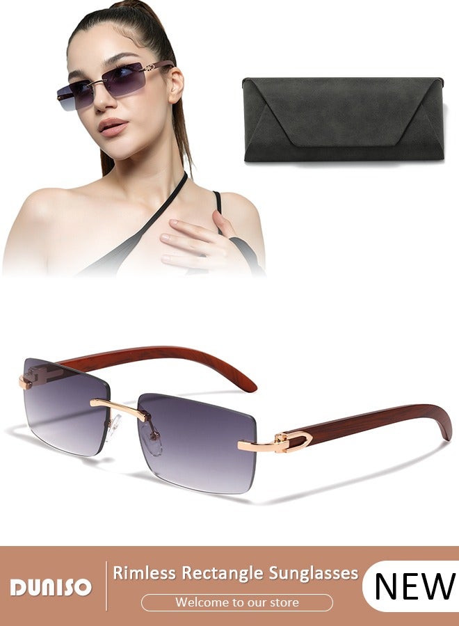 DUNISO Rimless Rectangle Sunglasses for Women Men, Gray frameless square glasses,Retro Style Sun Glasses， Fashion Trendy Eyewear，Imitation Wood Legs，Shades UV400 Protection - Image 1