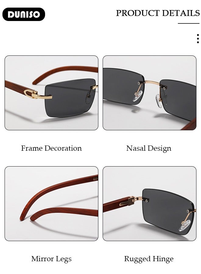 DUNISO Rimless Rectangle Sunglasses for Women Men, Gray frameless square glasses,Retro Style Sun Glasses， Fashion Trendy Eyewear，Imitation Wood Legs，Shades UV400 Protection - Image 3