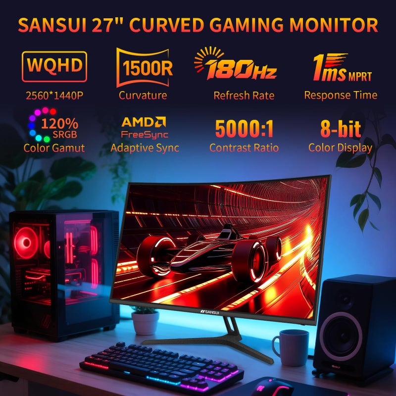 SANSUI 27 Inch WQHD 2560X1440 Curved Gaming Monitor, 180Hz MPRT 1ms Computer Monitor,HDMI2.0 * 2, DP1.2 * 2, Freesync, Curved 1500R, 5000:1 Contrast Ratio, 120% sRGB,HDR(ES-G27C1Q DP Cable Included) - Image 2