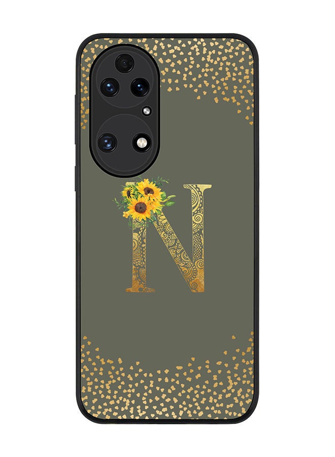 Stylizedd Rugged Black edge case for Huawei P50 Slim fit Soft Case Flexible Rubber Edges Anti Drop TPU Gel Thin Cover - Custom Monogram Initial Letter Floral Pattern Alphabet - N (Olive Green ) - Image 1