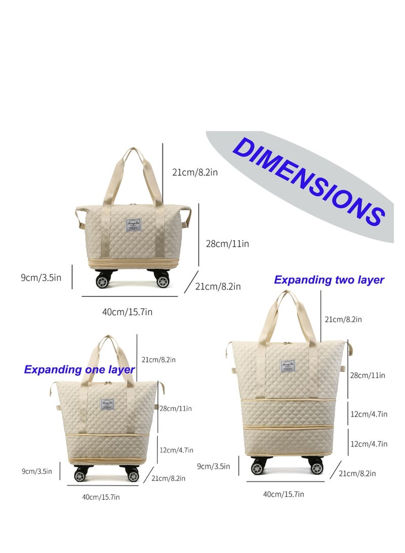 XiuWoo Travel Duffel Bag Expandable with Detachable Spinner Wheels Weekender Carry-On Tote Bags Foldable Shoulder Handbag for Women, Beige - Image 2