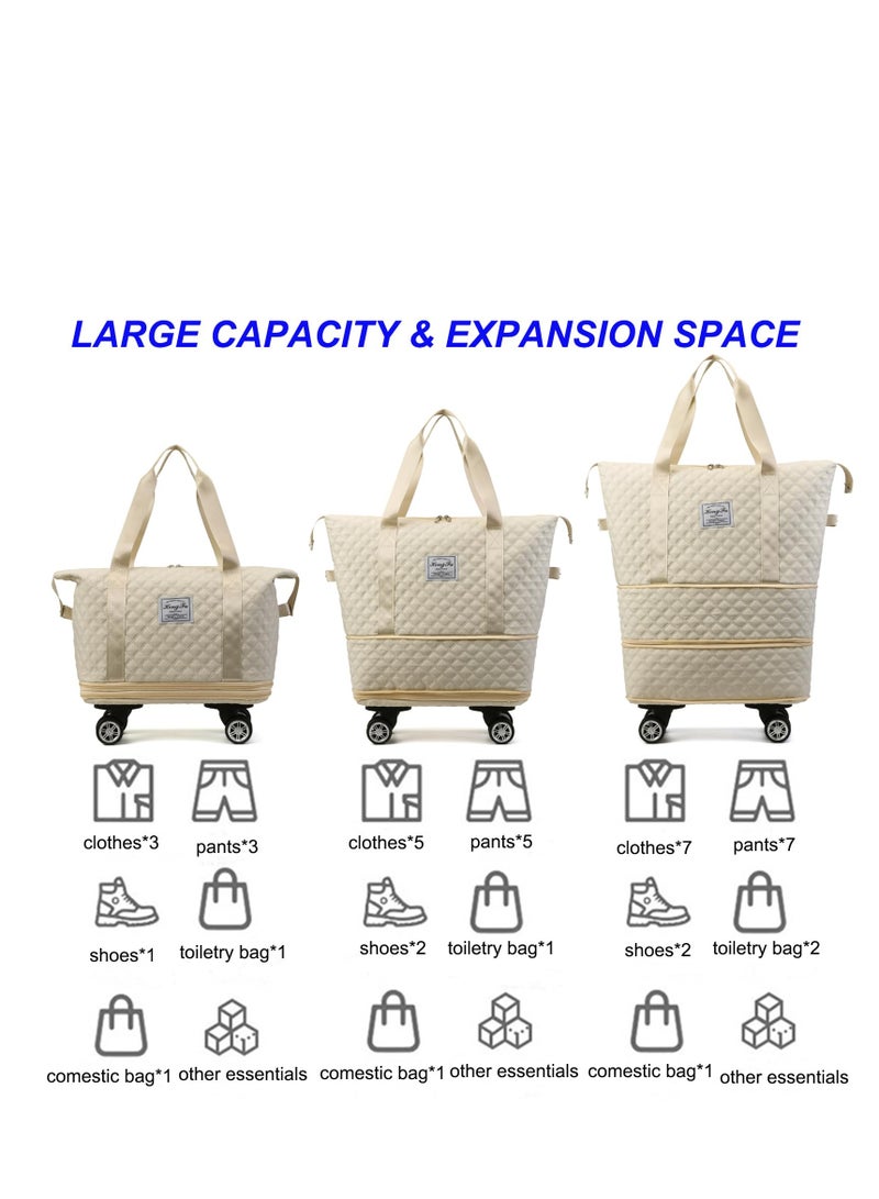 XiuWoo Travel Duffel Bag Expandable with Detachable Spinner Wheels Weekender Carry-On Tote Bags Foldable Shoulder Handbag for Women, Beige - Image 3