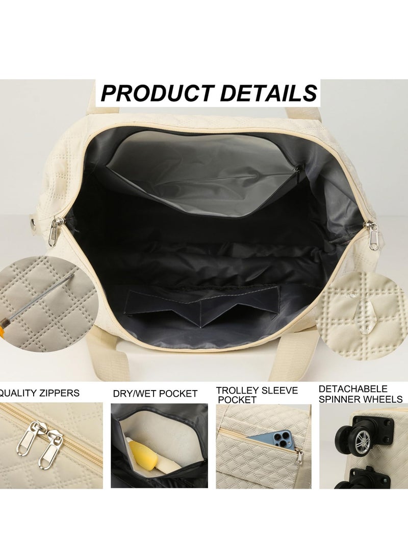 XiuWoo Travel Duffel Bag Expandable with Detachable Spinner Wheels Weekender Carry-On Tote Bags Foldable Shoulder Handbag for Women, Beige - Image 4