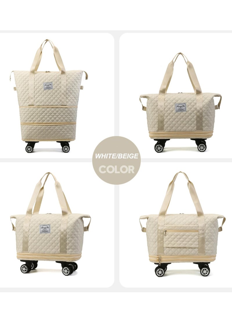 XiuWoo Travel Duffel Bag Expandable with Detachable Spinner Wheels Weekender Carry-On Tote Bags Foldable Shoulder Handbag for Women, Beige - Image 5