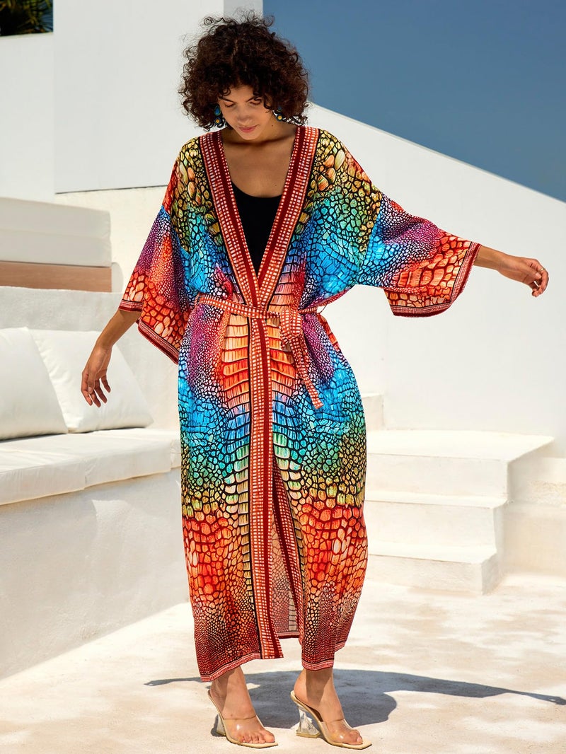 IMAGEKOPE Womenâ€™s Kimono Cover Up Long Beach Dress Swimsuit Cover Ups Colorful Cardigan Lightweight Robe for Swimwear - Image 5