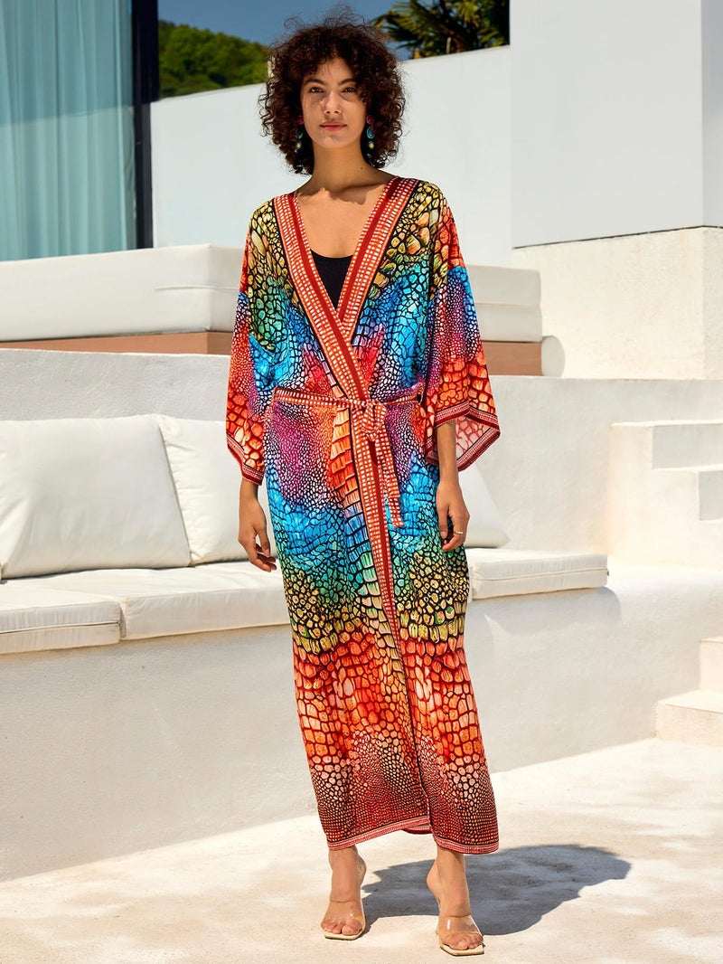 IMAGEKOPE Womenâ€™s Kimono Cover Up Long Beach Dress Swimsuit Cover Ups Colorful Cardigan Lightweight Robe for Swimwear - Image 4
