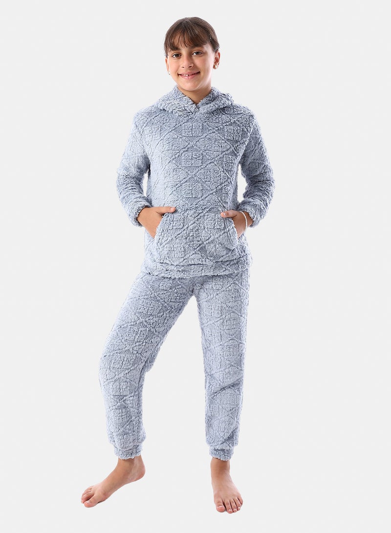 Andora Lattice Pattern Fur Hooded Girls' Pajama - Light Blue - Image 1